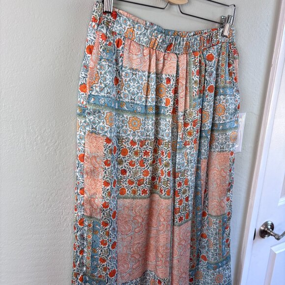 NWT dRA Palazzo Pants “Paloma Pant” Patchwork Silky Boho Size L Peach Teal - Picture 1 of 6